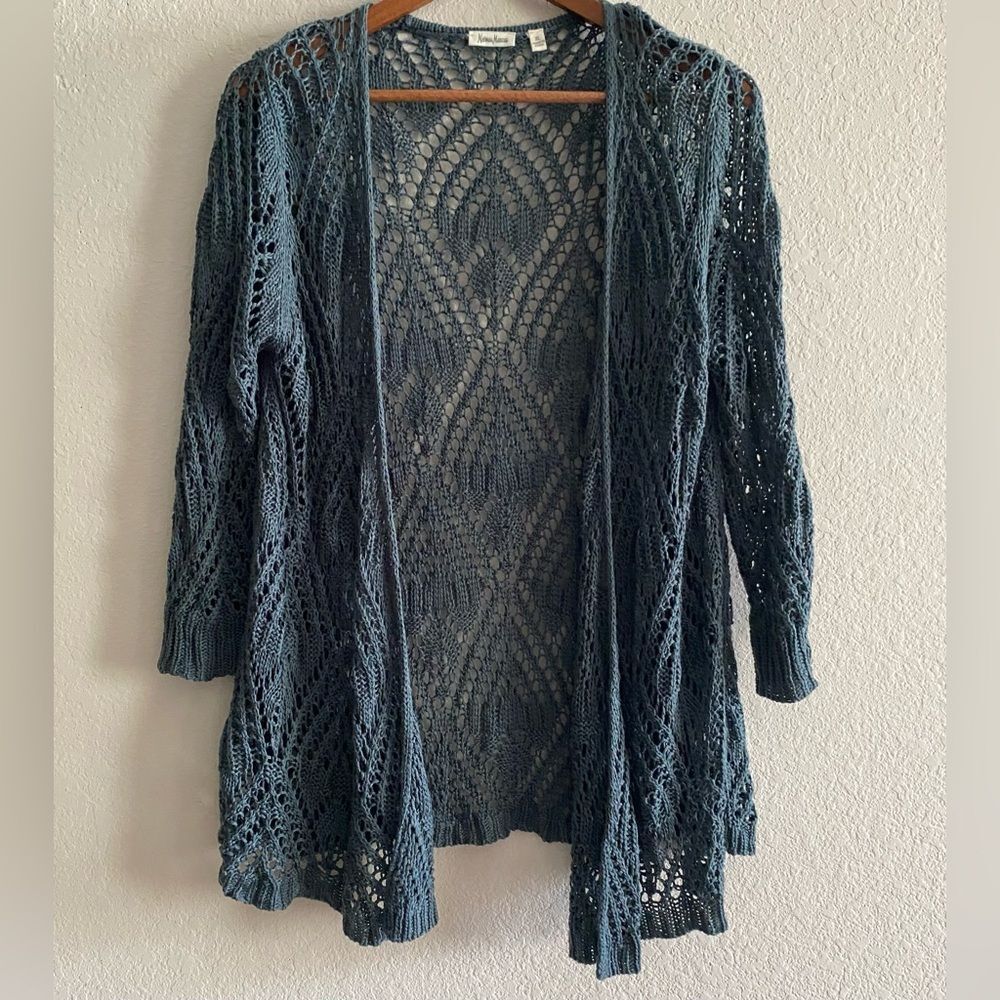 Neiman Marcus Women Crochet Blue Open Cardigan 3/4 Sleeve Size XL Boho Casual